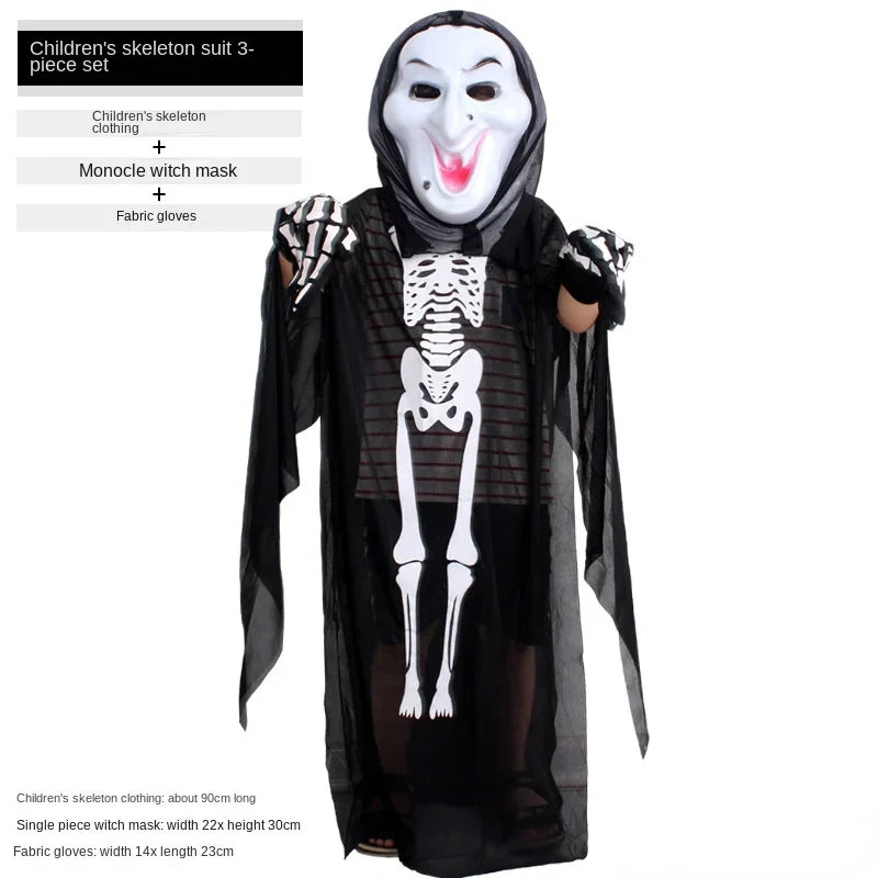 Kids Adult Black Halloween Skull Skeleton Ghost Costume Masquerade Festival Gloves Robe Mask Cloak Carnival Cosplay Role Play