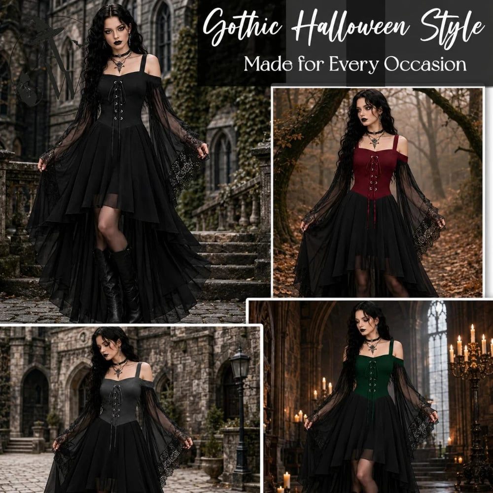 Witch Costume Women for Halloween Costumes Witch Dress Adults Medieval Vampire Butterfly Sleeve Mesh Gothic Outfits