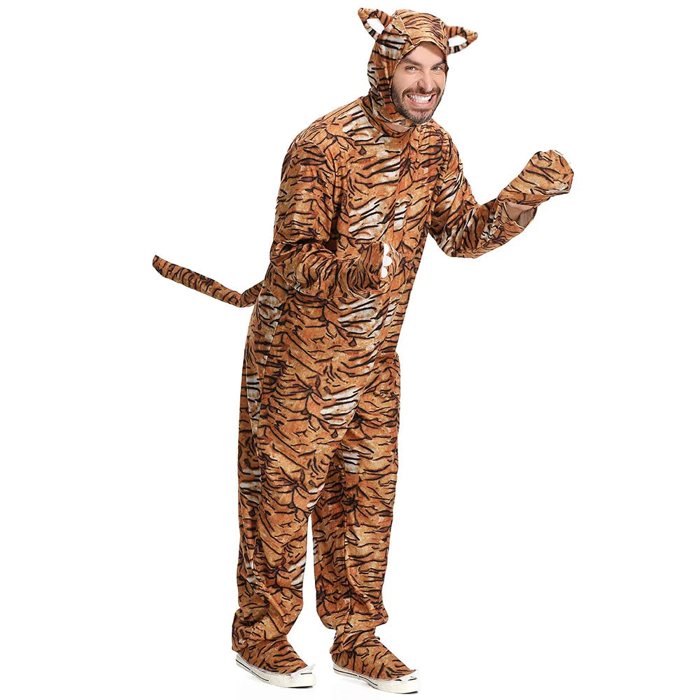 Tiger Costume for Adults Halloween Party Outfit Animal Cosplay Full Body Jumpsuit Costumes Jumpsuit Footwears Headgear 3Pcs Set