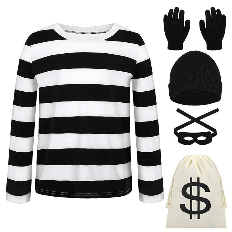 Adults Thief Cosplay Costume for Halloween Long Sleeved Striped T-shirt Canvas Bag Gloves Eye Mask Knitted Hat Outfit for Party