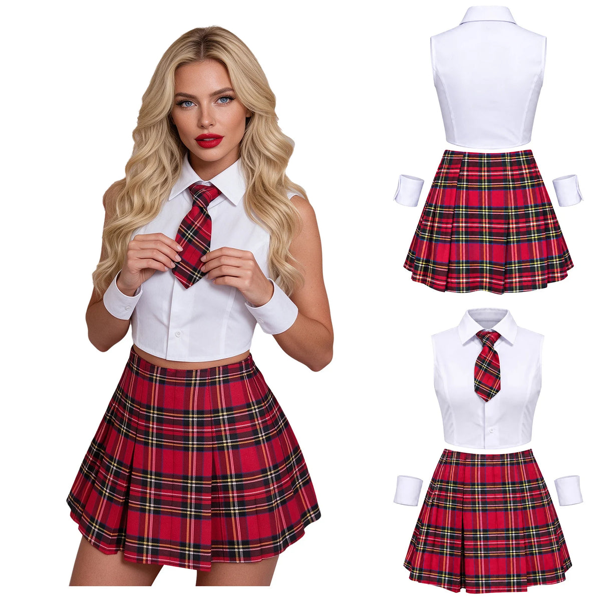 Women Adult Schoolgirl Halloween Costume Set Crop Top Red Plaid Pleated Skirt Tie Wrist Cuffs Adult Cosplay Fancy Dress Outfit
