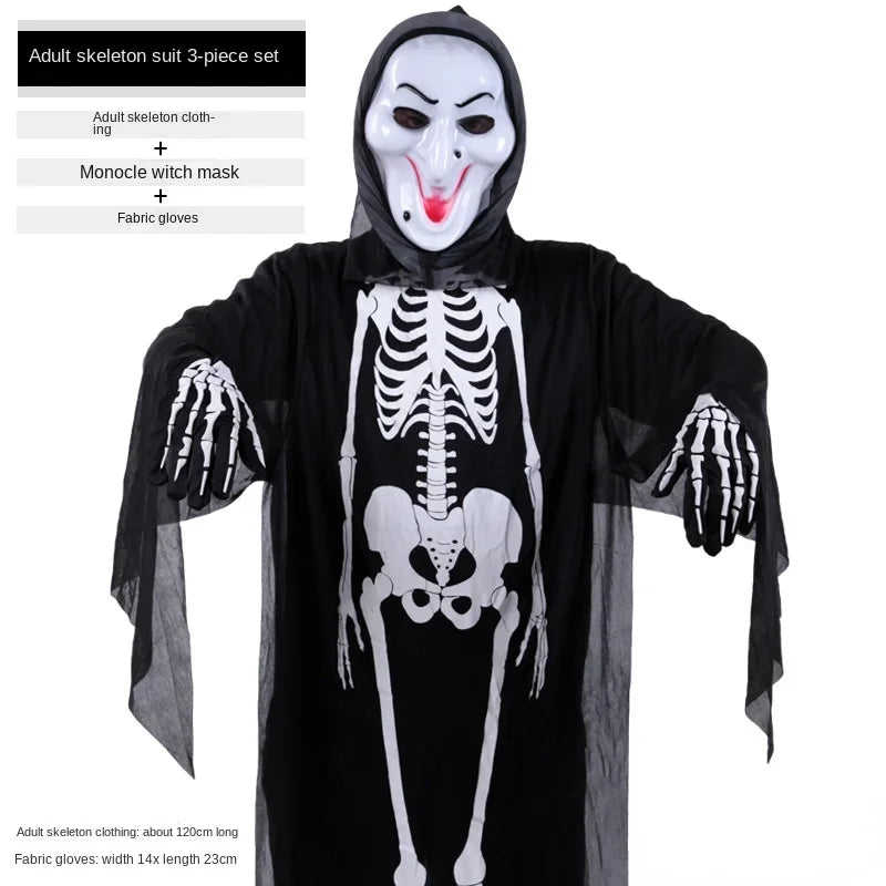 Kids Adult Black Halloween Skull Skeleton Ghost Costume Masquerade Festival Gloves Robe Mask Cloak Carnival Cosplay Role Play