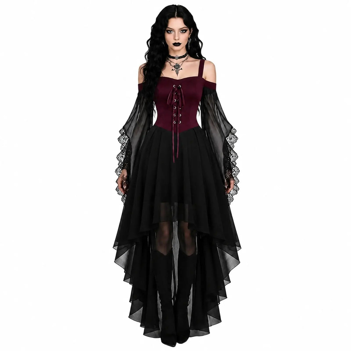 Witch Costume Women for Halloween Costumes Witch Dress Adults Medieval Vampire Butterfly Sleeve Mesh Gothic Outfits
