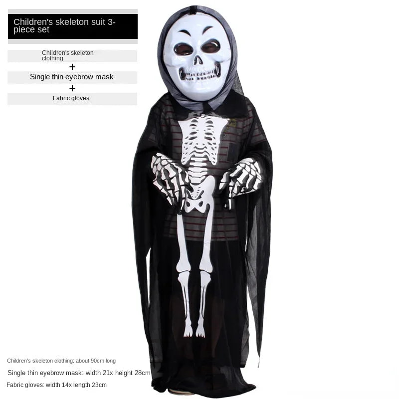 Kids Adult Black Halloween Skull Skeleton Ghost Costume Masquerade Festival Gloves Robe Mask Cloak Carnival Cosplay Role Play