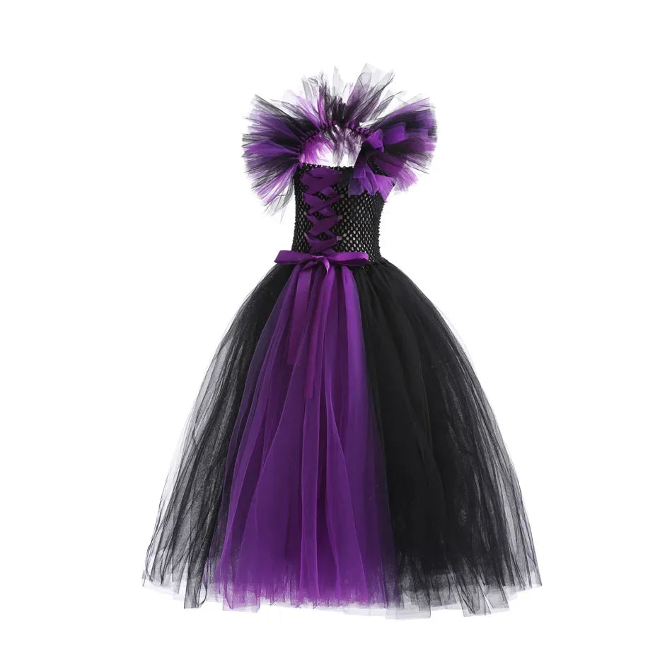 Halloween Costume For Kids Black Purple Witch Dress Luxury Lace Evil Role Playing Costume Maleficent Dress Up Outfit Tulle Dress