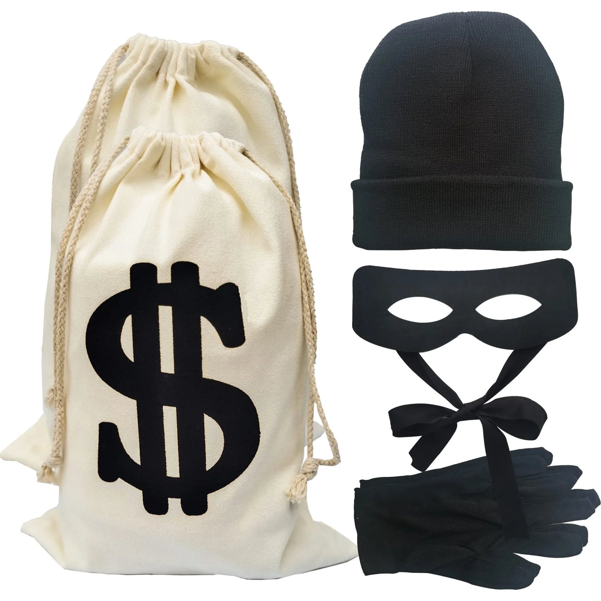 Adults Thief Cosplay Costume for Halloween Long Sleeved Striped T-shirt Canvas Bag Gloves Eye Mask Knitted Hat Outfit for Party