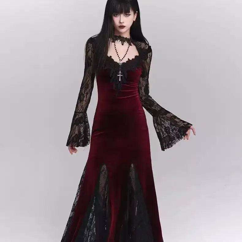 Winter Gothic Grunge Lace Dress Korean Fashion Design Festival Long Prom Dress Women Halloween Costume  Sexy Slim Party Dresses
