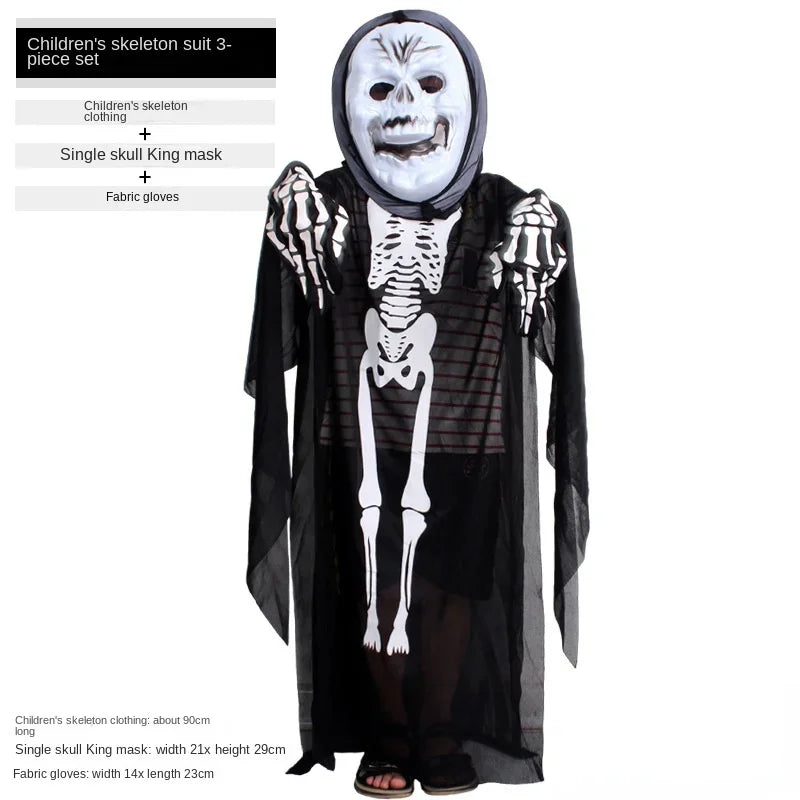 Kids Adult Black Halloween Skull Skeleton Ghost Costume Masquerade Festival Gloves Robe Mask Cloak Carnival Cosplay Role Play
