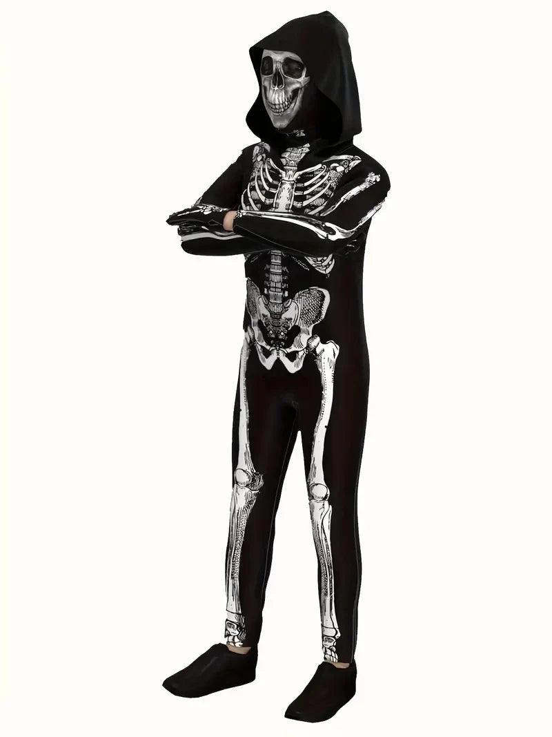 Adults Hooded Skeleton Costume with Skull Mask for Halloween Cosplay Party