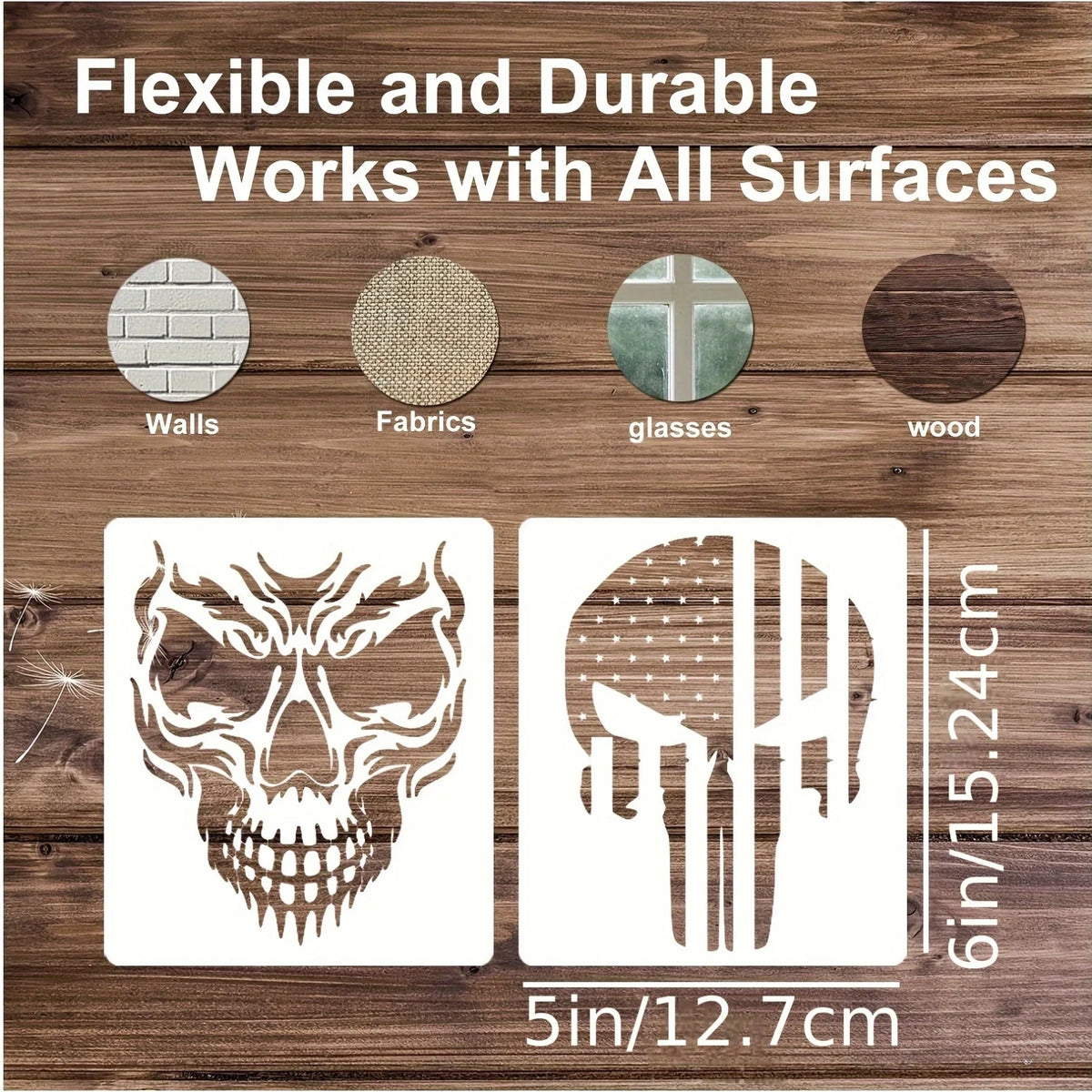 16 Pcs 5x6 inch Skull Fire Stencils for Painting Wood, Reusable Plastic Templates for Wall Canvas Halloween Decor