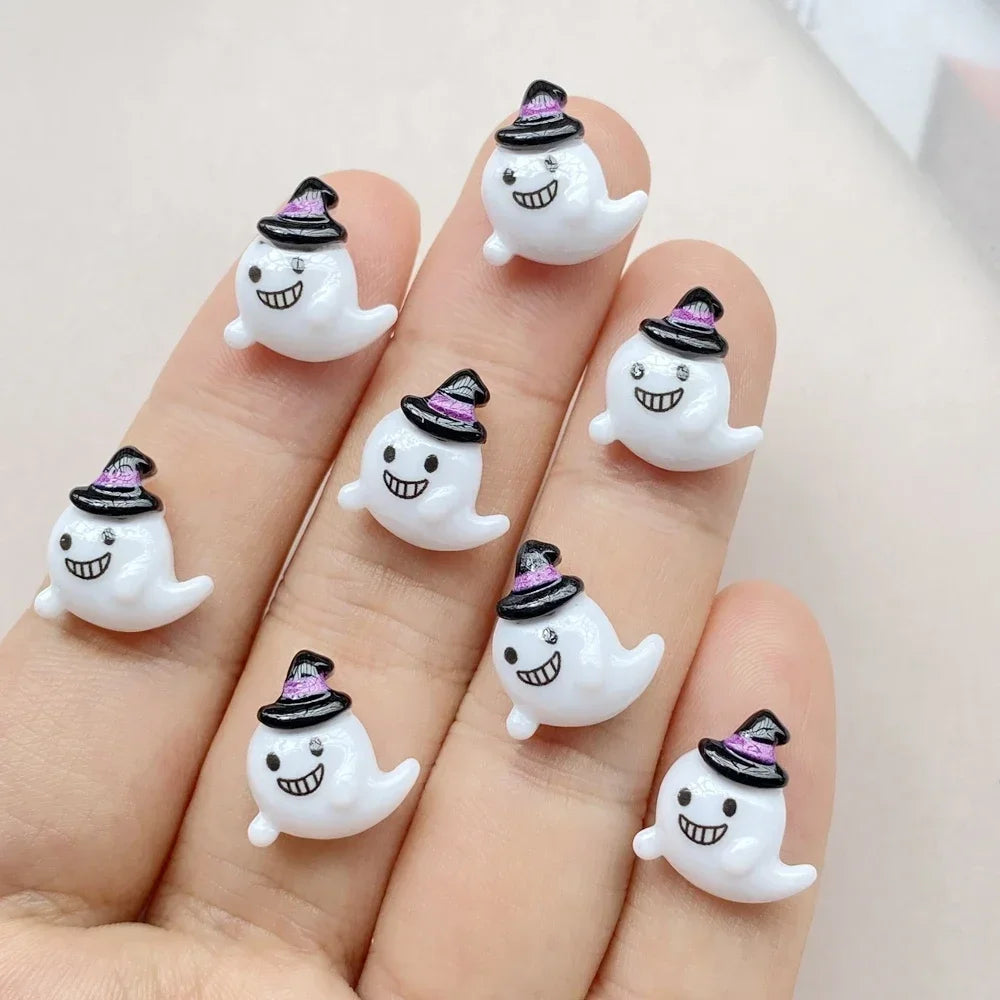 20pcs Resin Mini Colorful Painted Bat Pumpkin Skull Ghost Cat Figurines Flat back Scrapbook DIY Halloween Decor Nail Art Crafts