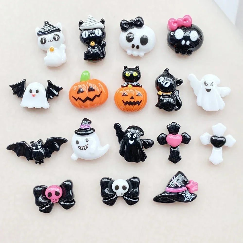 20pcs Resin Mini Colorful Painted Bat Pumpkin Skull Ghost Cat Figurines Flat back Scrapbook DIY Halloween Decor Nail Art Crafts