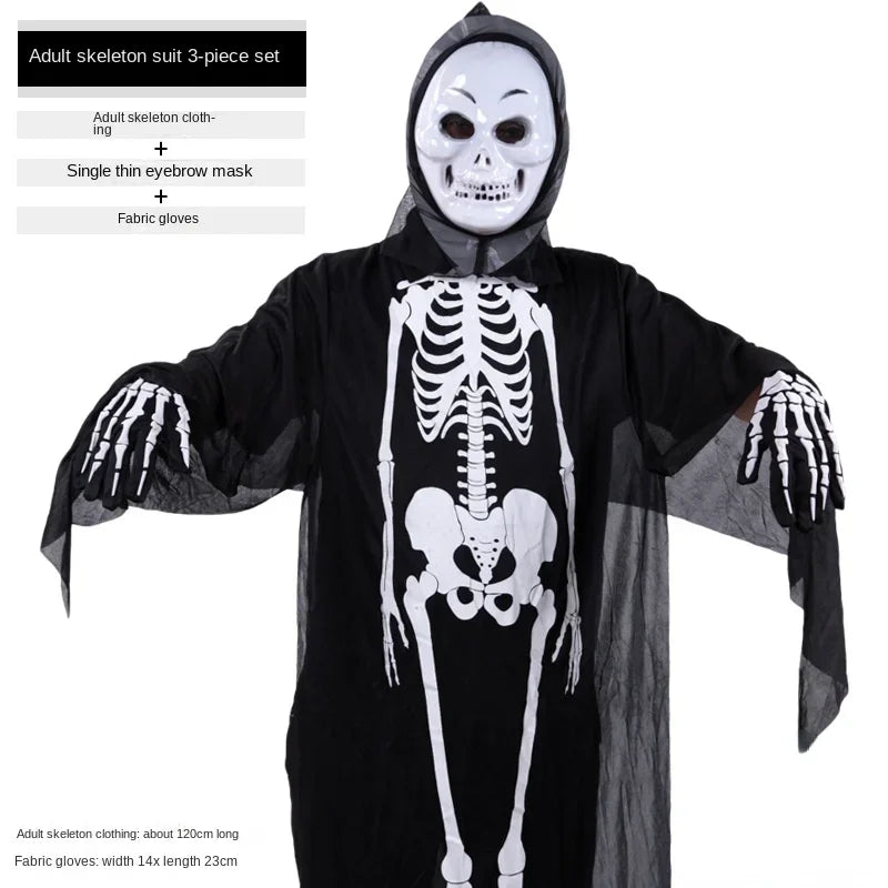 Kids Adult Black Halloween Skull Skeleton Ghost Costume Masquerade Festival Gloves Robe Mask Cloak Carnival Cosplay Role Play