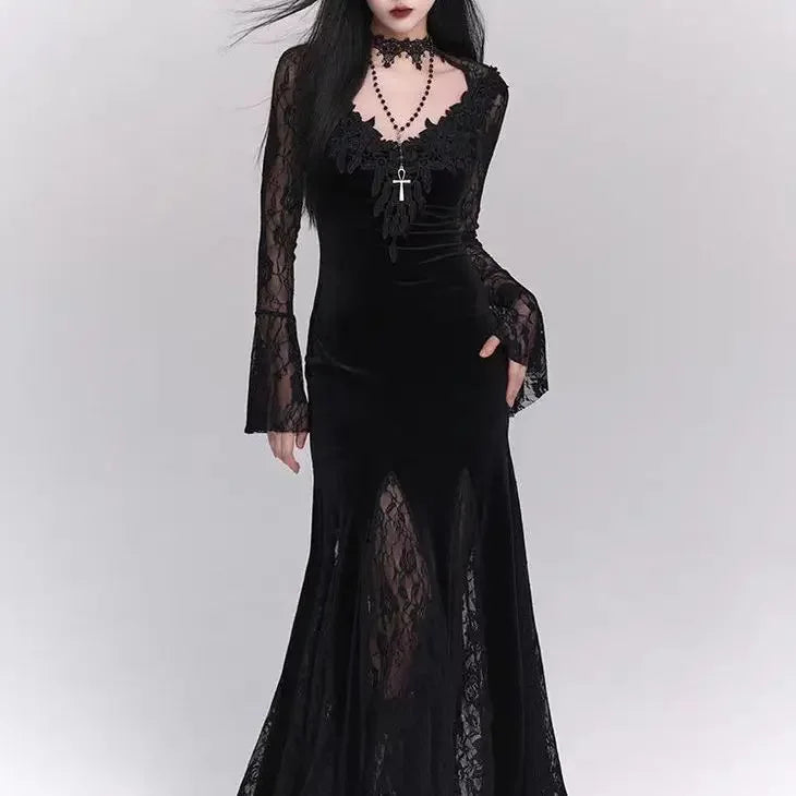 Winter Gothic Grunge Lace Dress Korean Fashion Design Festival Long Prom Dress Women Halloween Costume  Sexy Slim Party Dresses