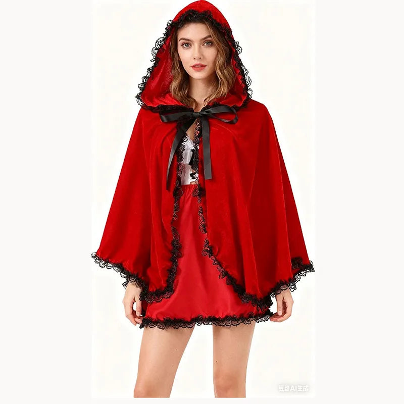 Halloween Costume Party Cosplay Red Hoodie Adult Performance Dress with Hooded Cape