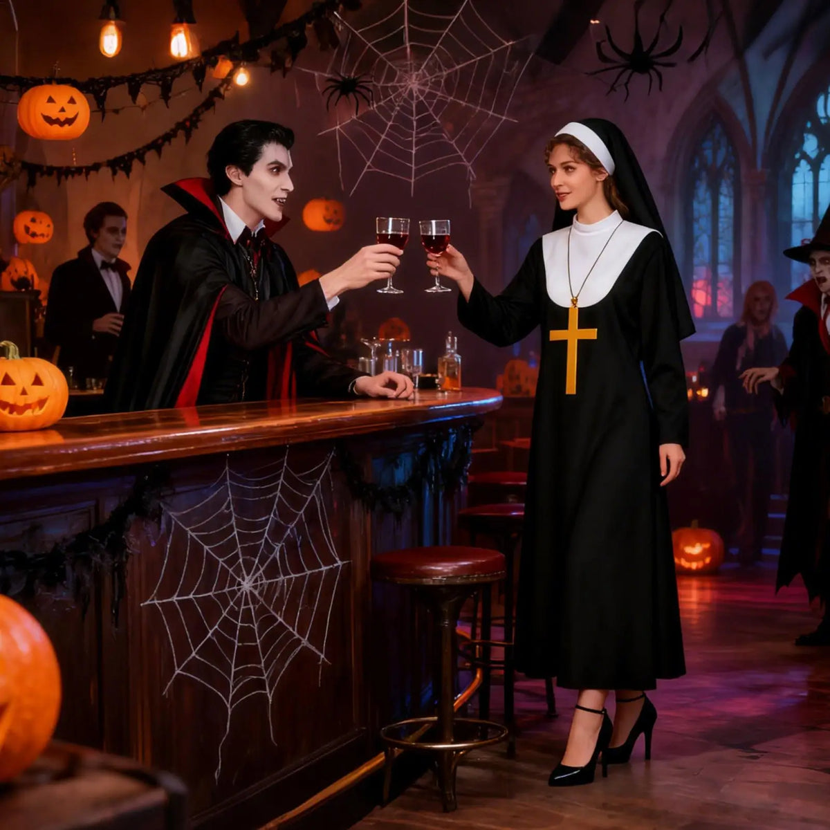 Nun Costume Adults Halloween Dress Headpiece Veil Cross Necklace Religious Robe Cosplay for Church Event Themed Party Photo Prop