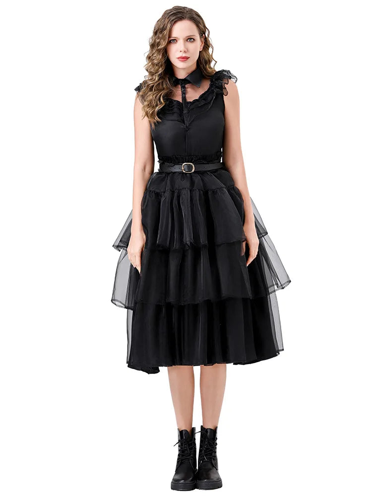 New adult ladies costume for Halloween featuring a ball dress inspired by the Addams Family a black dress for the Addams fami