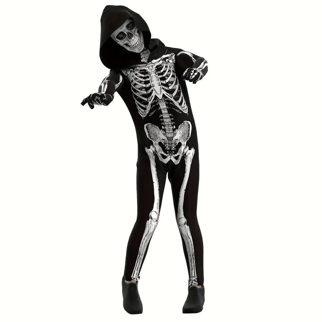 Adults Hooded Skeleton Costume with Skull Mask for Halloween Cosplay Party