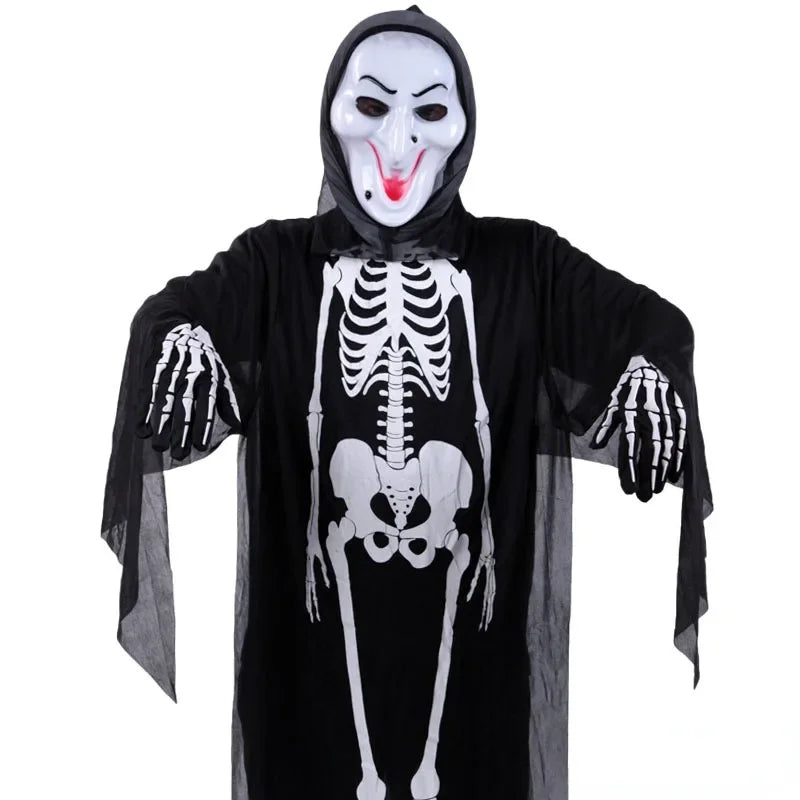 Kids Adult Black Halloween Skull Skeleton Ghost Costume Masquerade Festival Gloves Robe Mask Cloak Carnival Cosplay Role Play