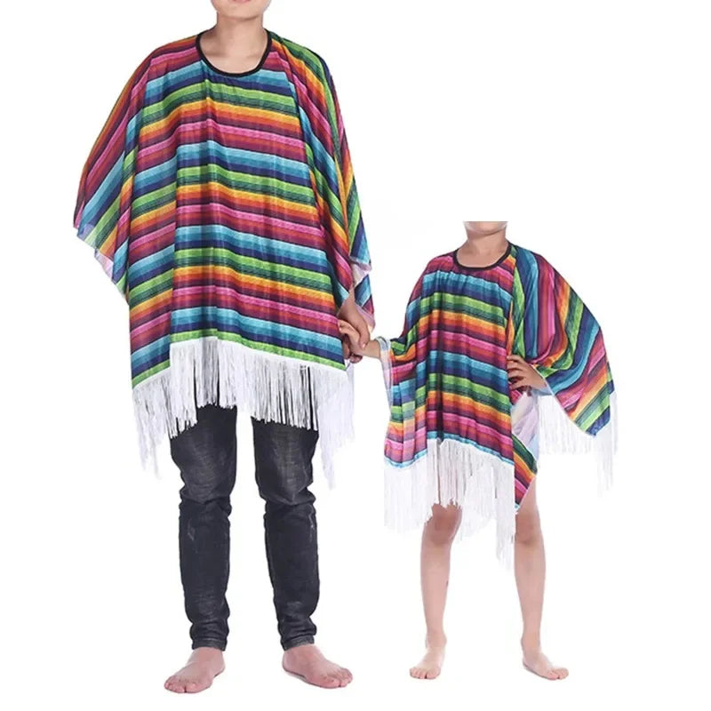 Adult and Child Mexican Party Costume Colorful Cloak Wide-brimmed Hat Sunglasses Beard Mexican Festival Halloween Carnival