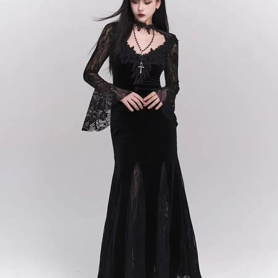Winter Gothic Grunge Lace Dress Korean Fashion Design Festival Long Prom Dress Women Halloween Costume  Sexy Slim Party Dresses
