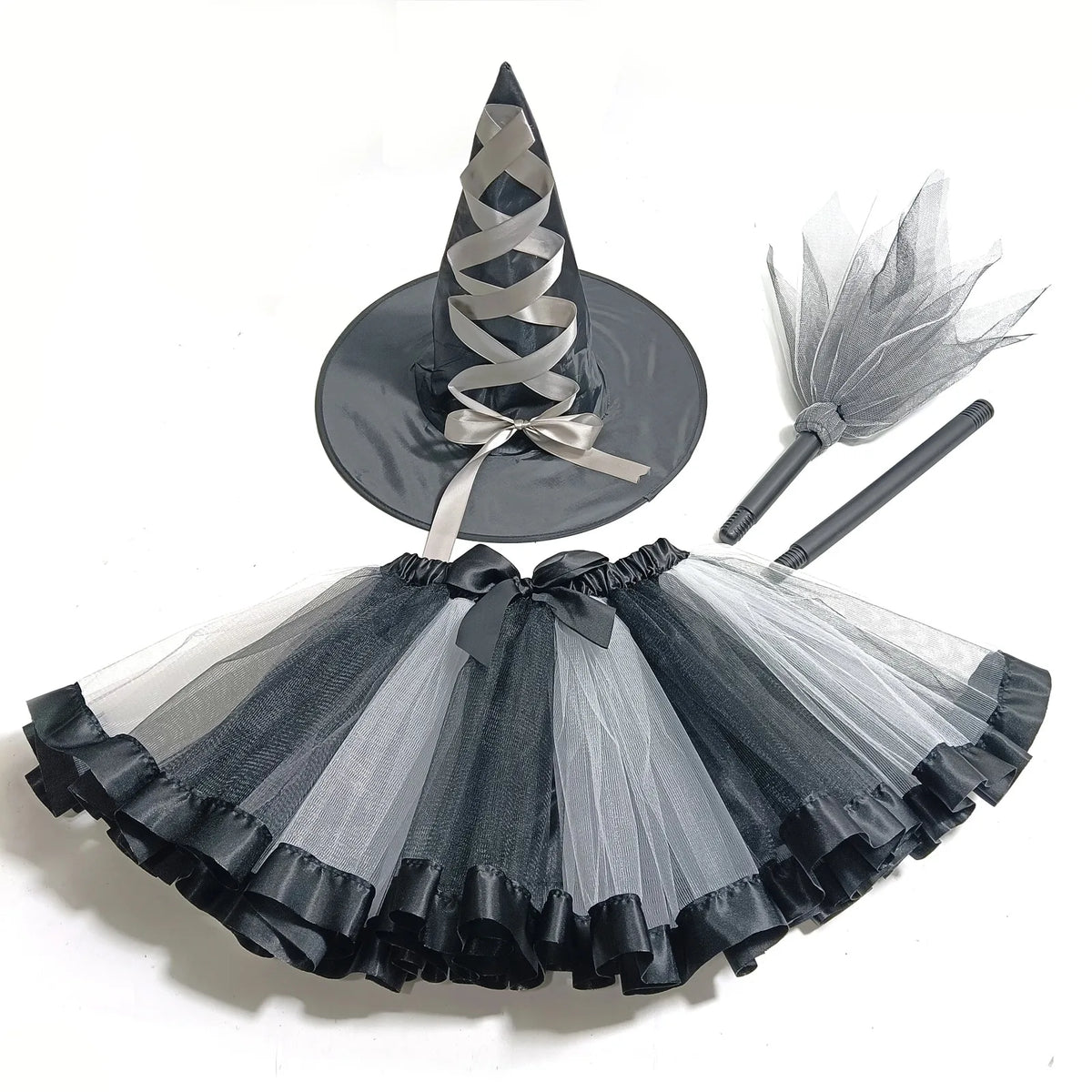 Adult Women Halloween Witch Costume 3pcs Set ,with Hat Broom and Lined Skirt for Halloween Party Cosplay Dress Up