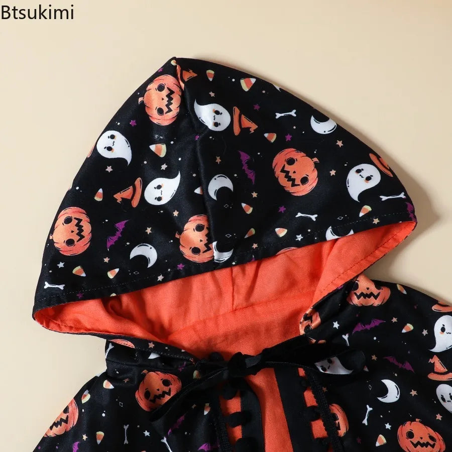2026 Halloween Costume 2pcs Girls Outfit Pumpkin Ghost Printed Cape Tulle Infant Girls Cosplay Dress Set Kids Halloween Outfit