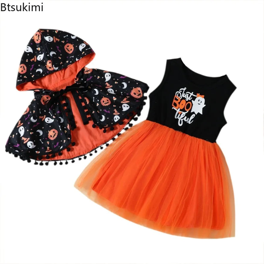 2026 Halloween Costume 2pcs Girls Outfit Pumpkin Ghost Printed Cape Tulle Infant Girls Cosplay Dress Set Kids Halloween Outfit