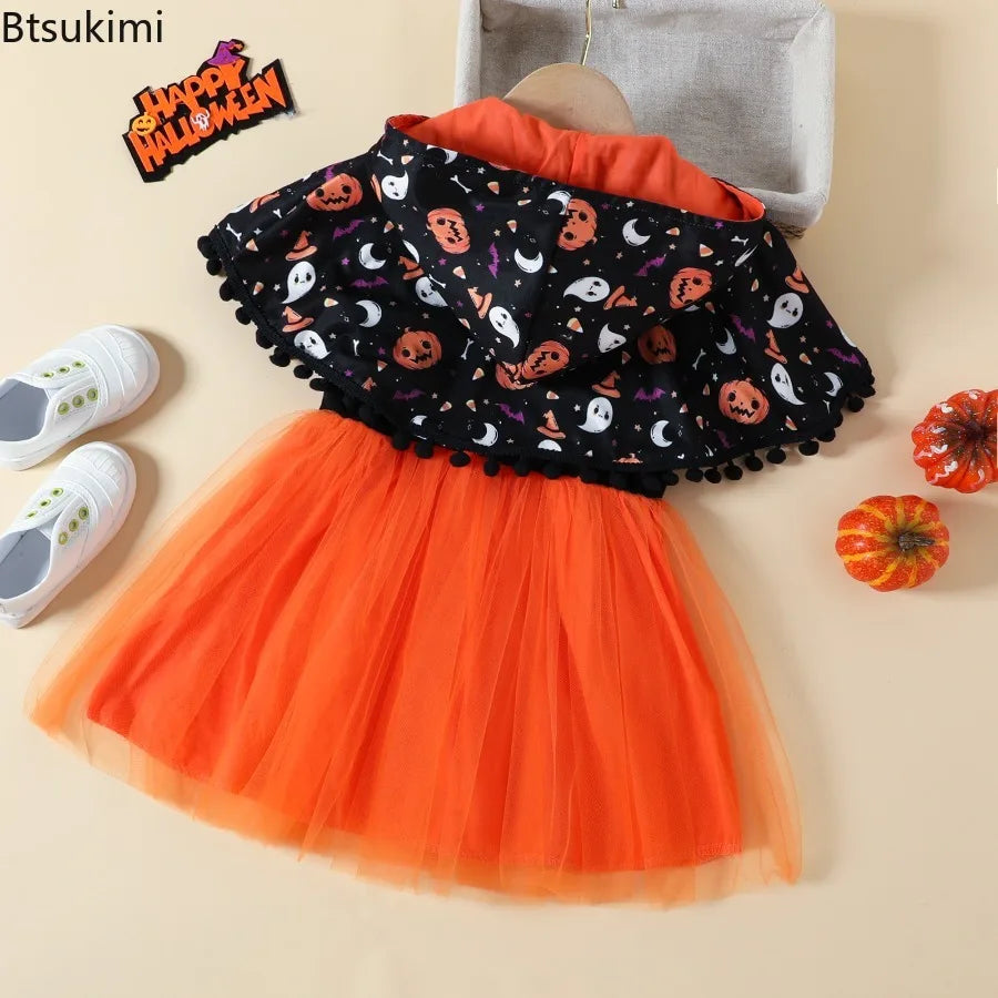 2026 Halloween Costume 2pcs Girls Outfit Pumpkin Ghost Printed Cape Tulle Infant Girls Cosplay Dress Set Kids Halloween Outfit