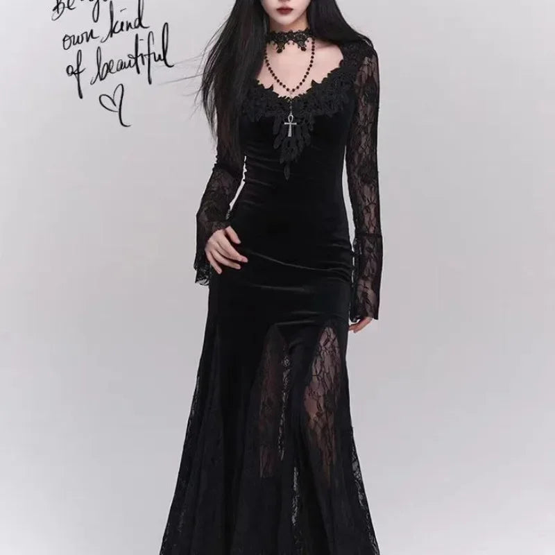 Winter Gothic Grunge Lace Dress Korean Fashion Design Festival Long Prom Dress Women Halloween Costume  Sexy Slim Party Dresses