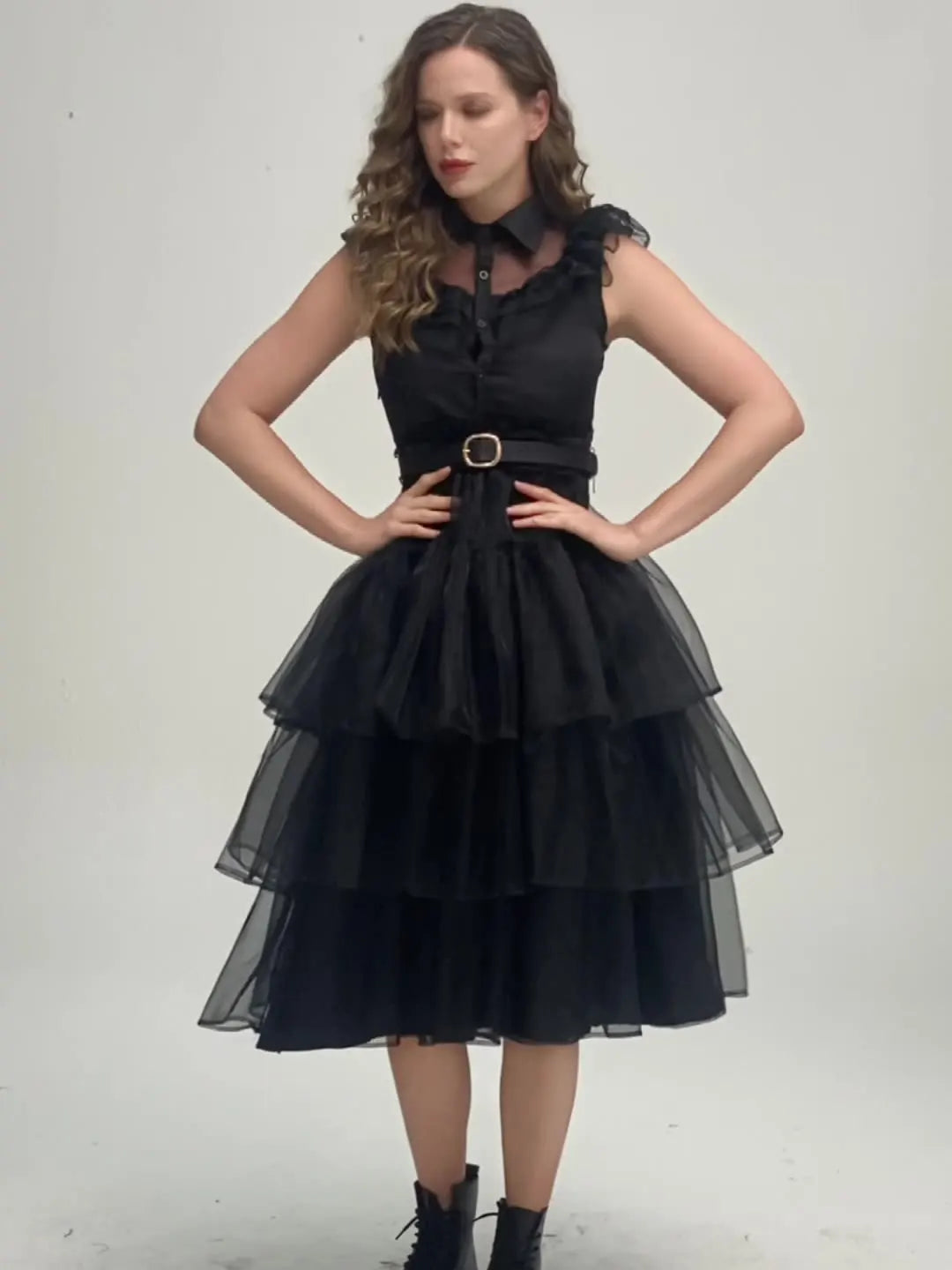 New adult ladies costume for Halloween featuring a ball dress inspired by the Addams Family a black dress for the Addams fami
