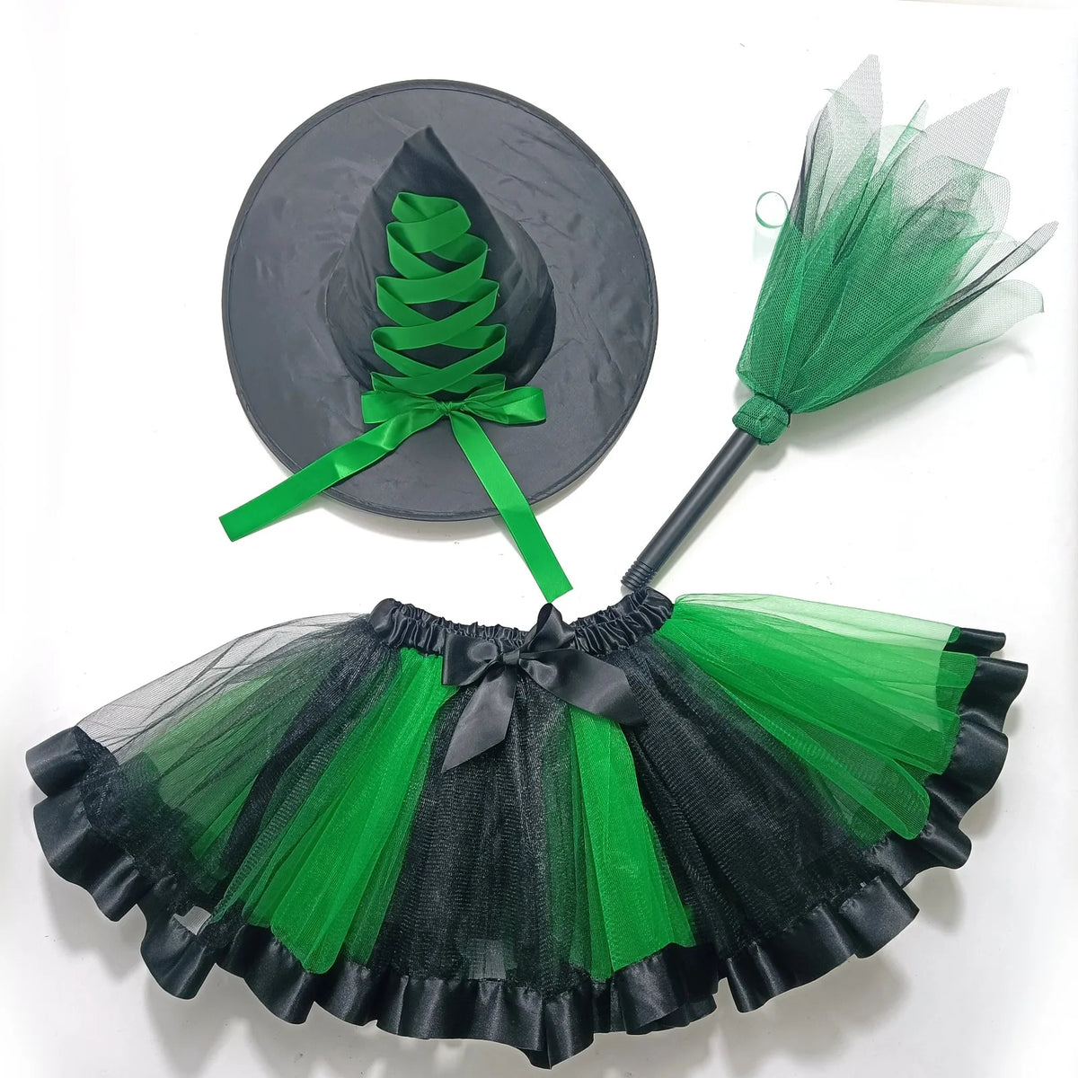 Adult Women Halloween Witch Costume 3pcs Set ,with Hat Broom and Lined Skirt for Halloween Party Cosplay Dress Up