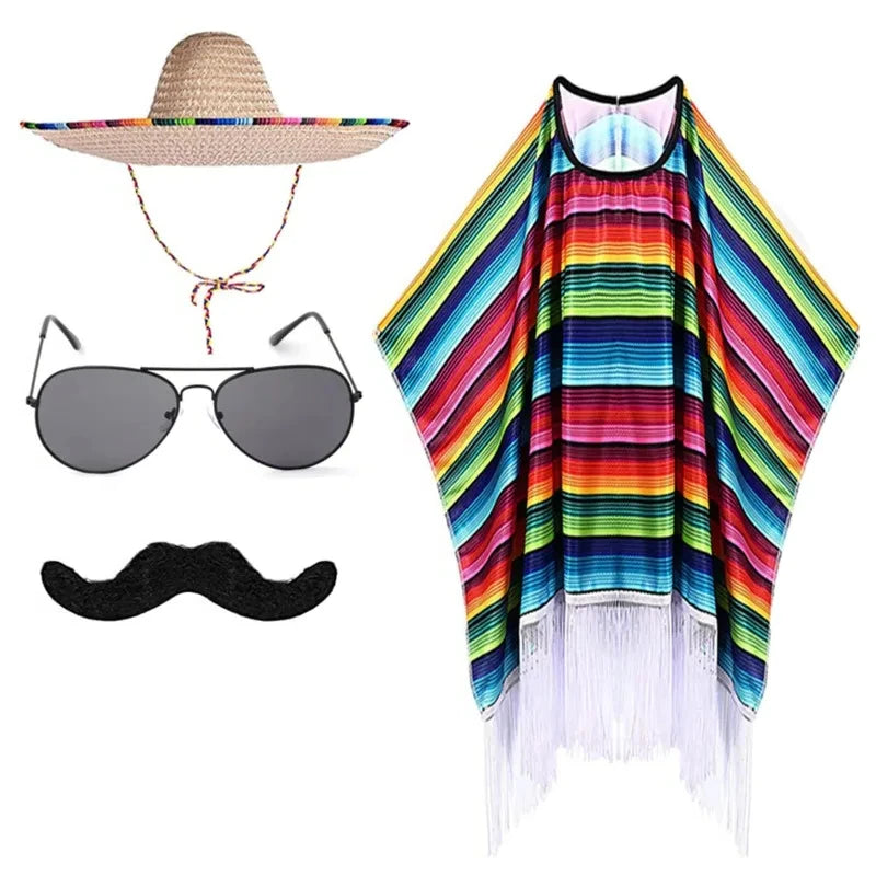 Adult and Child Mexican Party Costume Colorful Cloak Wide-brimmed Hat Sunglasses Beard Mexican Festival Halloween Carnival