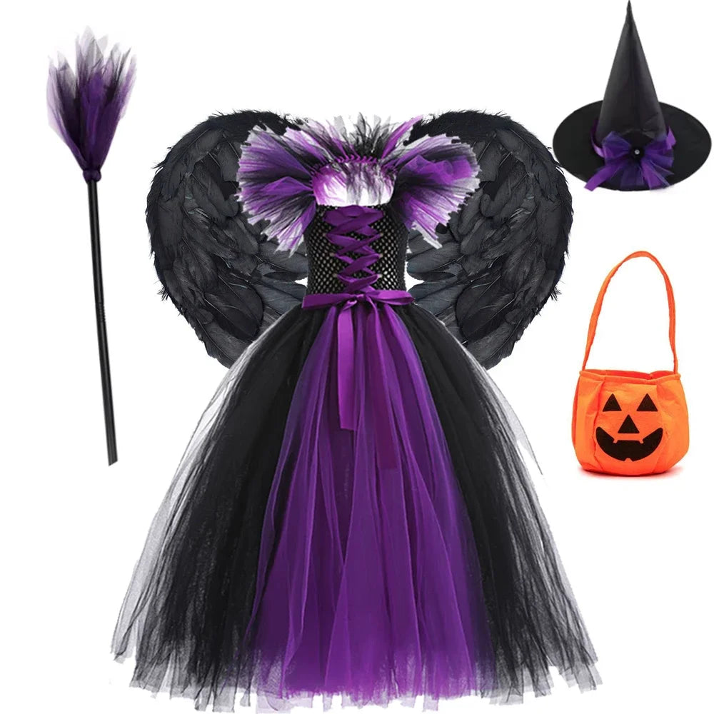 Halloween Costume For Kids Black Purple Witch Dress Luxury Lace Evil Role Playing Costume Maleficent Dress Up Outfit Tulle Dress