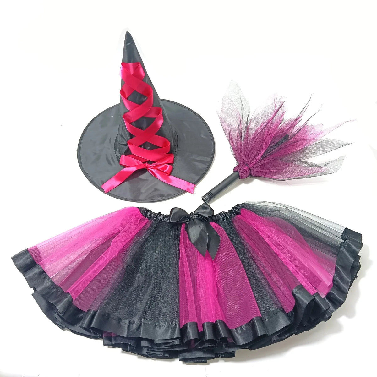Adult Women Halloween Witch Costume 3pcs Set ,with Hat Broom and Lined Skirt for Halloween Party Cosplay Dress Up