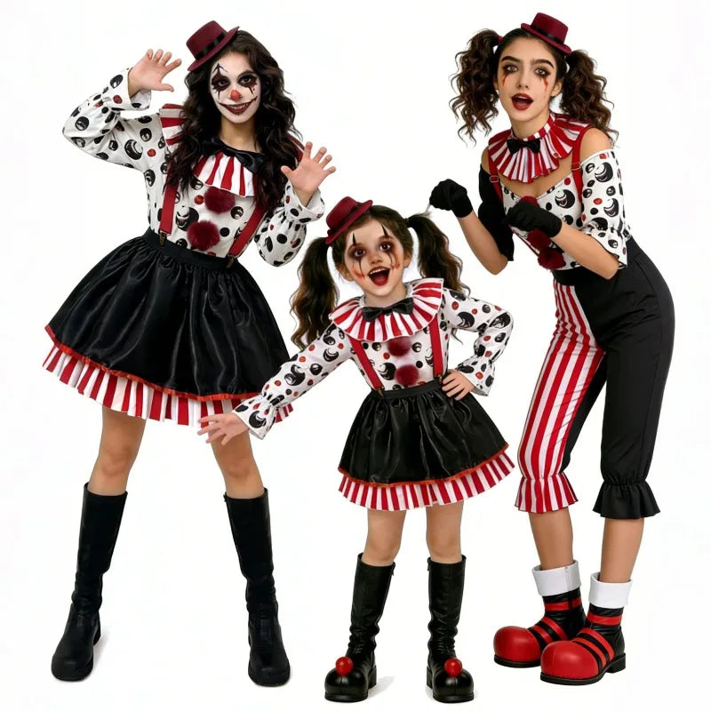 Halloween Costume Spotted Clown Adults Kid Suspenders Skirt Outfit Cosplay Stage Performance Role Play Circus Party Jester Dress
