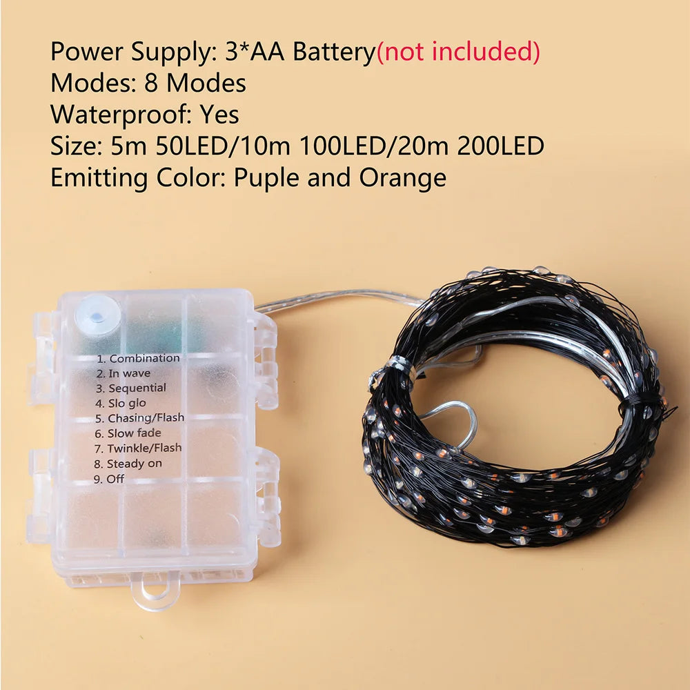 5M/10M/20M LED Halloween Purple Orange String Fairy Lights Outdoor Battery Box/USB For Christmas Party Garden Halloween Decor