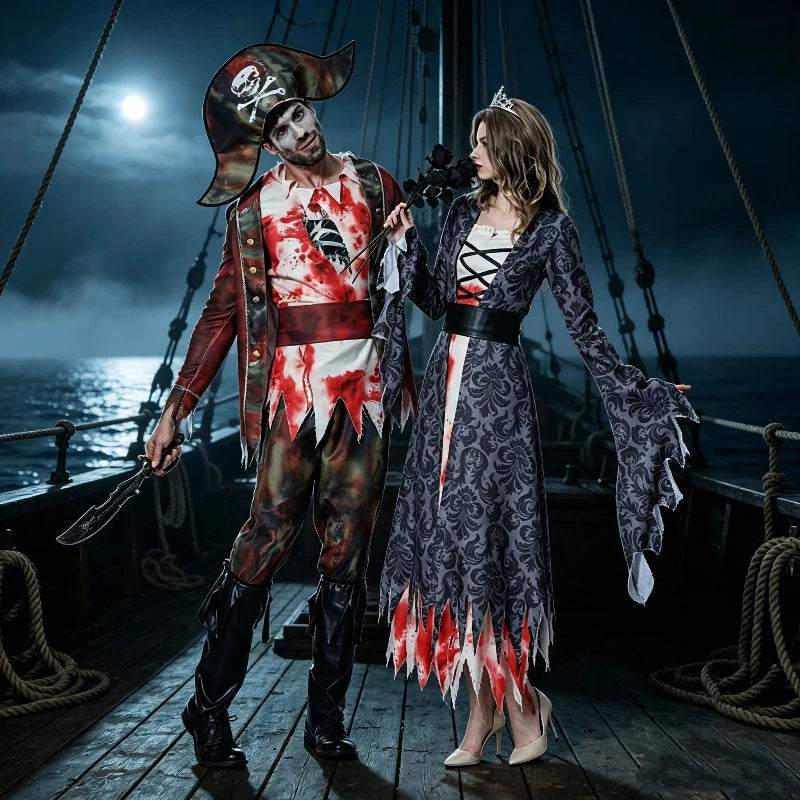 Adult Horror Couples Halloween Costume Men Zombie Pirate Outfit Women Ghost Bride Tattered Dress Scary Party Cosplay Fancy Dress