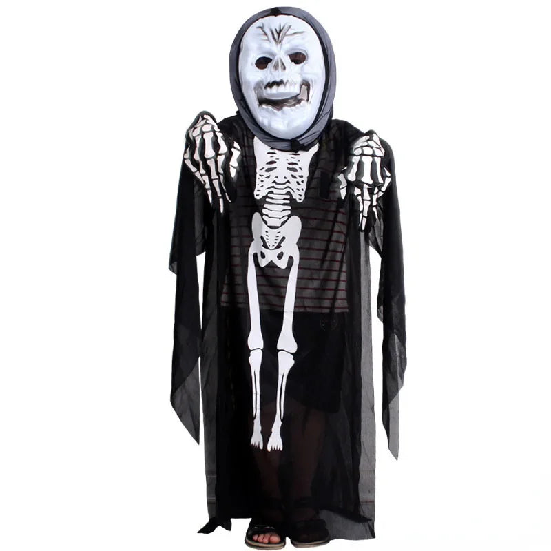 Kids Adult Black Halloween Skull Skeleton Ghost Costume Masquerade Festival Gloves Robe Mask Cloak Carnival Cosplay Role Play