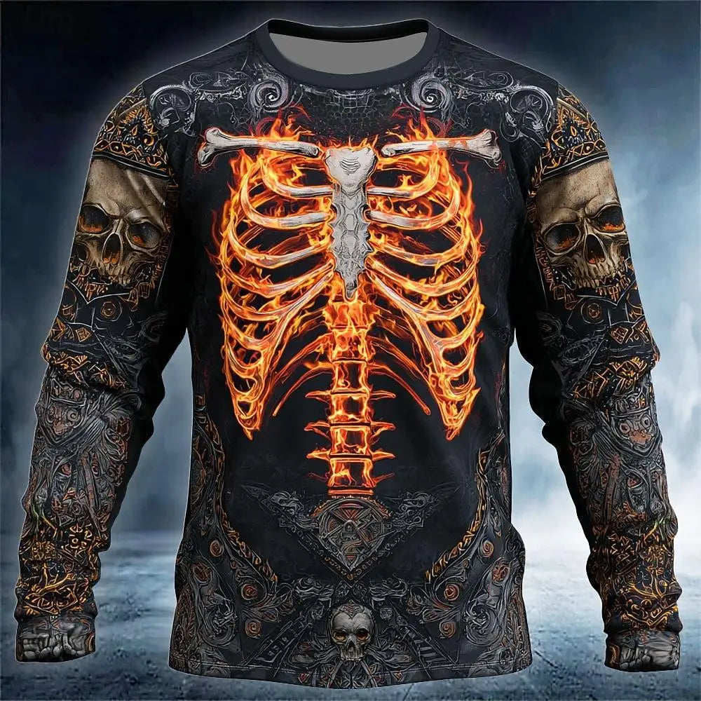 Halloween Cool Personality Skull 3d Print T-shirt Autumn Breathable Long Sleeve Tops Street Festival Party Casual Punk Clothes