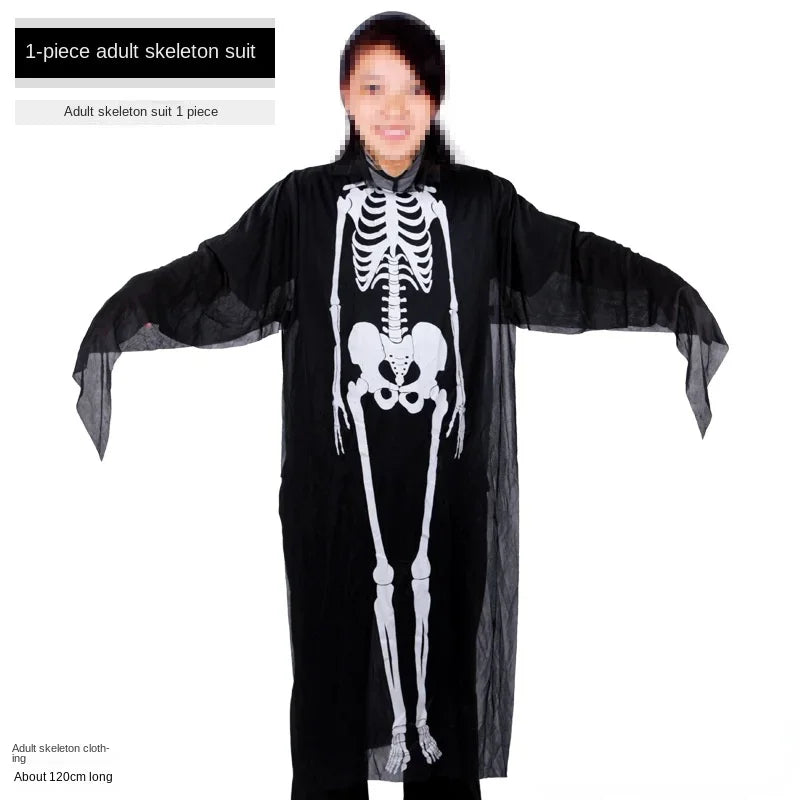 Kids Adult Black Halloween Skull Skeleton Ghost Costume Masquerade Festival Gloves Robe Mask Cloak Carnival Cosplay Role Play