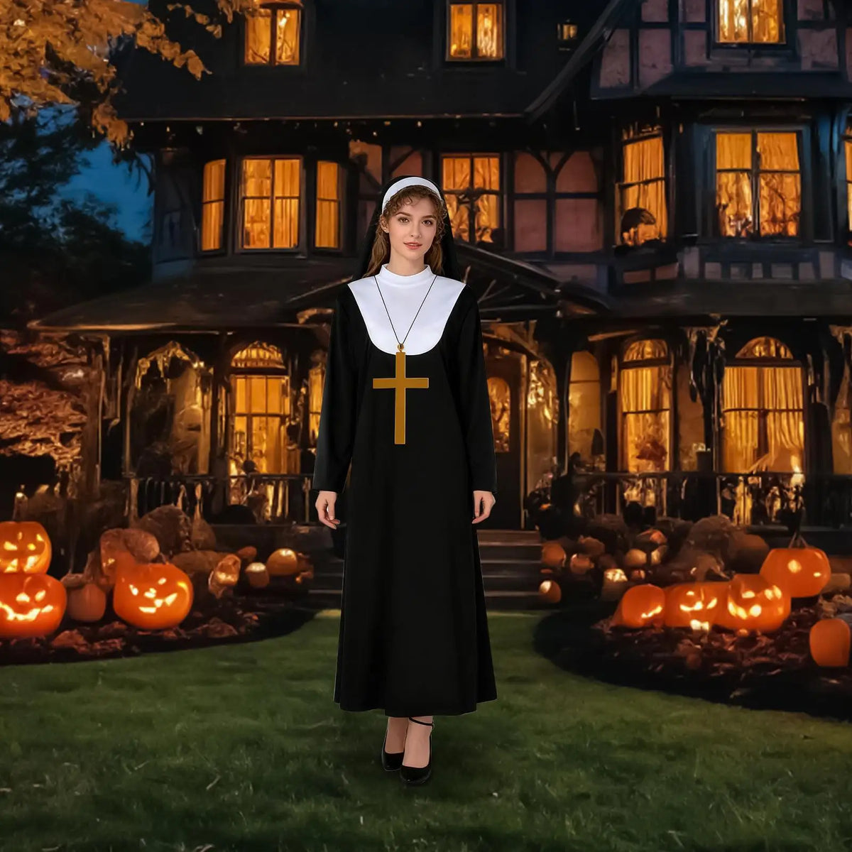 Nun Costume Adults Halloween Dress Headpiece Veil Cross Necklace Religious Robe Cosplay for Church Event Themed Party Photo Prop