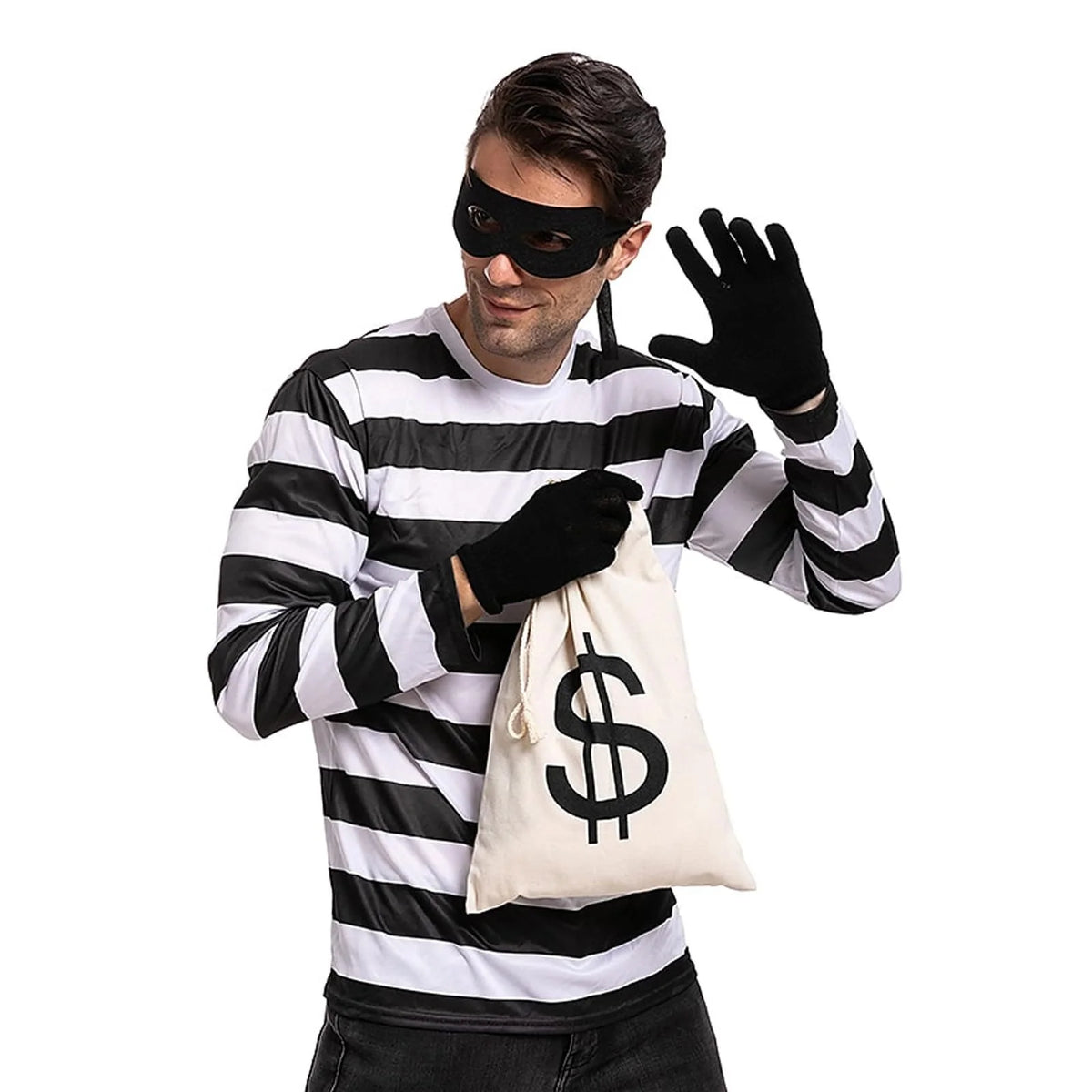 Adults Thief Cosplay Costume for Halloween Long Sleeved Striped T-shirt Canvas Bag Gloves Eye Mask Knitted Hat Outfit for Party